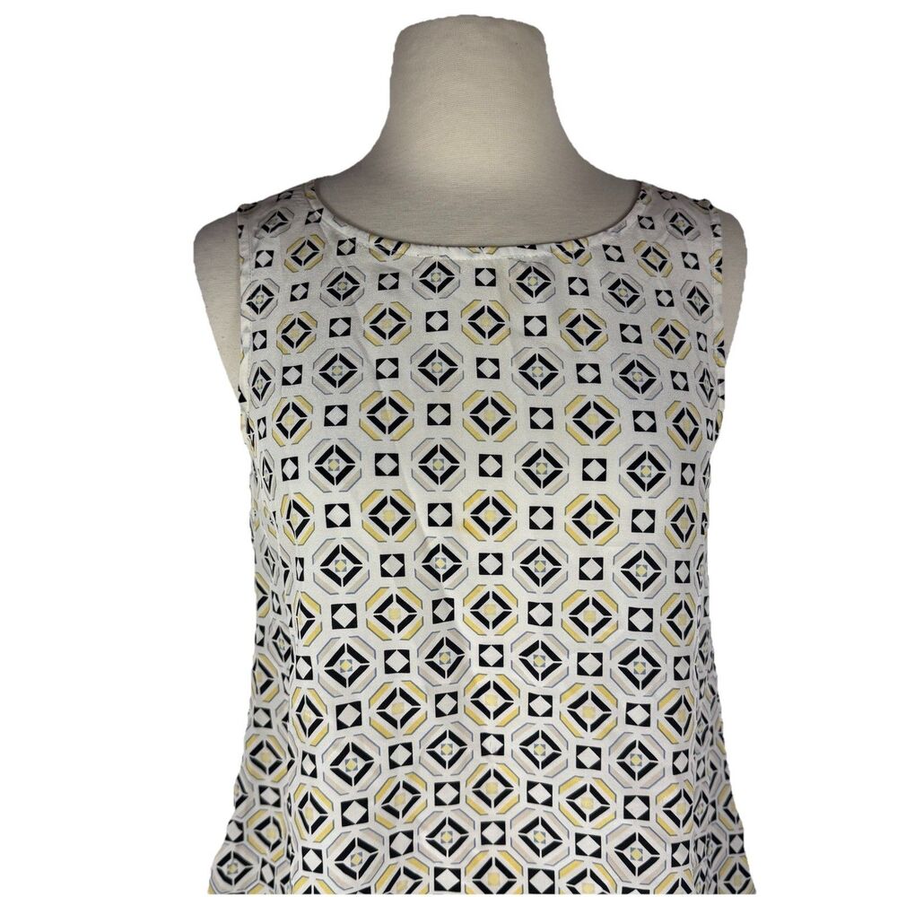 Silk Tank XS Sleeveless To Geometric White Yellow Black Artsy Resort Work Luxury - Picture 3 of 9